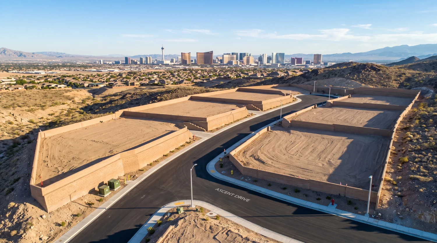 Aerial view of four graded residential lots with paved roads, utilities, and retaining walls, featuring the Las Vegas skyline in the background.